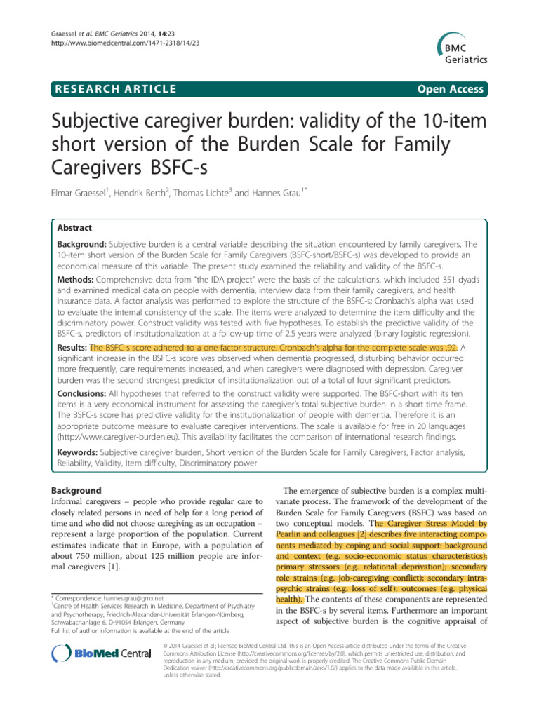 Graessel 2014 - Subjective Caregiver Burden - Validity of The 10-Item ...
