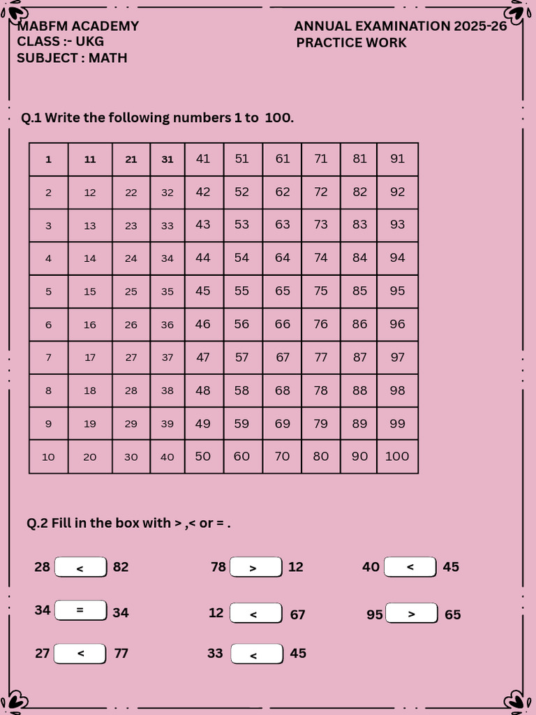 Annual Examination Practice Work Subject - Math Written Class Ukg ...