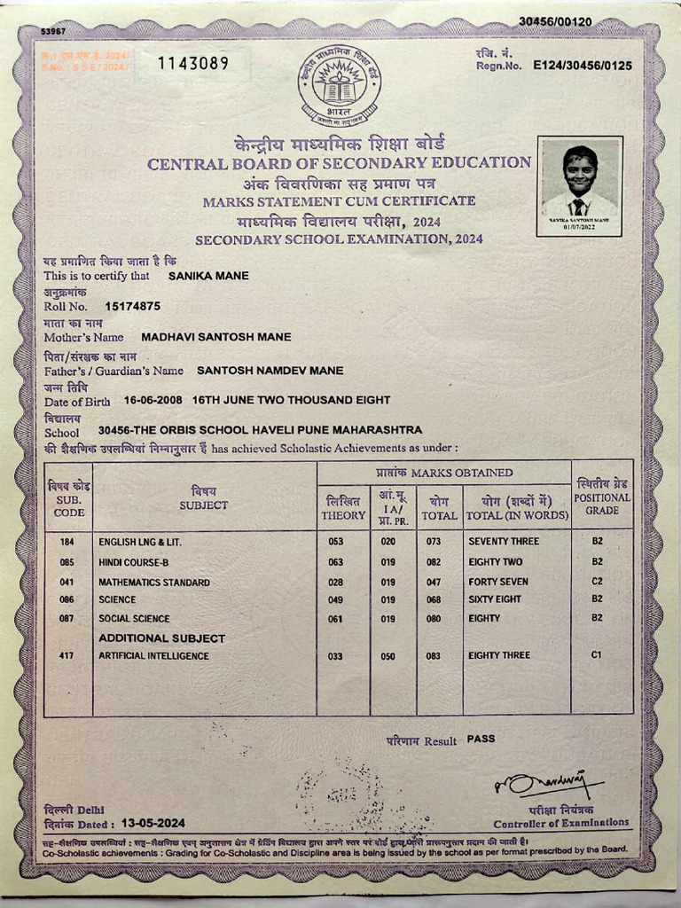 10th Marksheet Sanika - Compressed | PDF