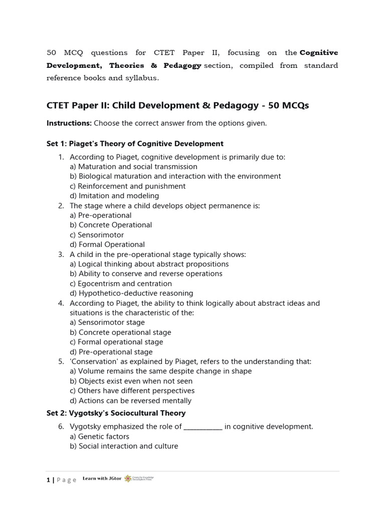 50 MCQ Questions For CTET Paper II | PDF | Intelligence | Attachment Theory