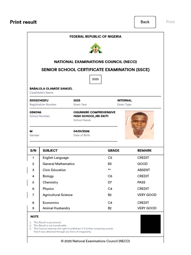 NECO Results Portal | PDF