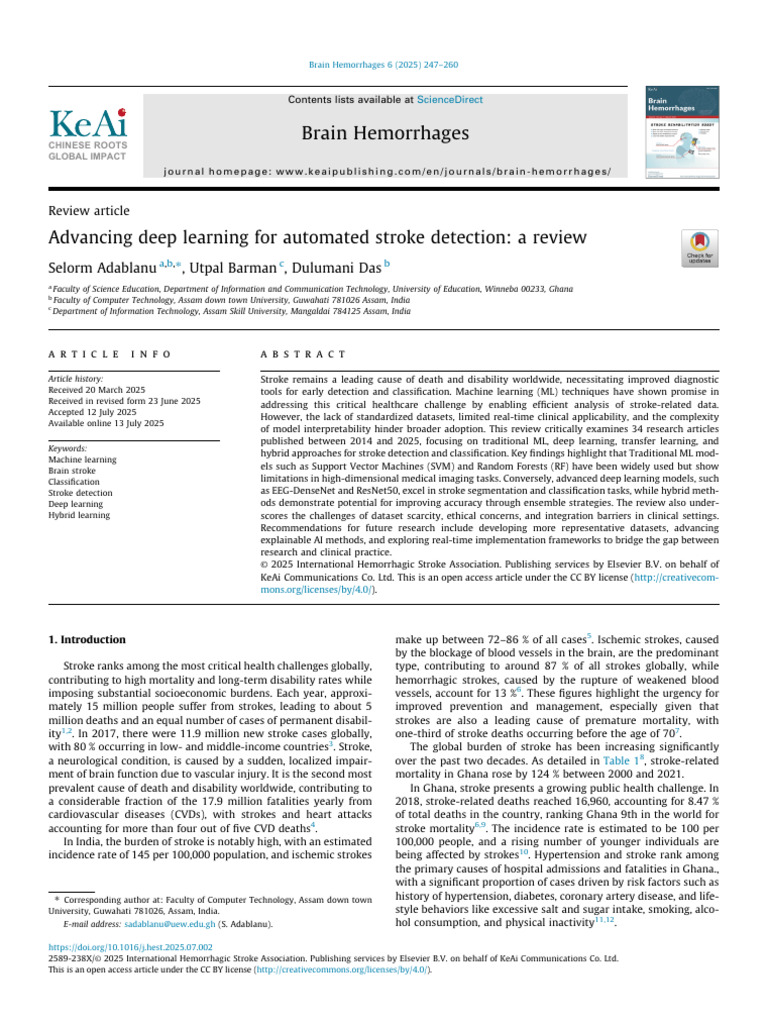 Advancing Deep Learning For Automated Stroke Detection A Review | PDF ...