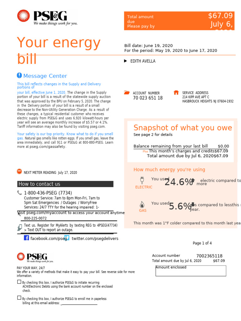Pdfcoffee Com Pseg Sample Electric Bill PDF Free | PDF | Credit Card | Fee