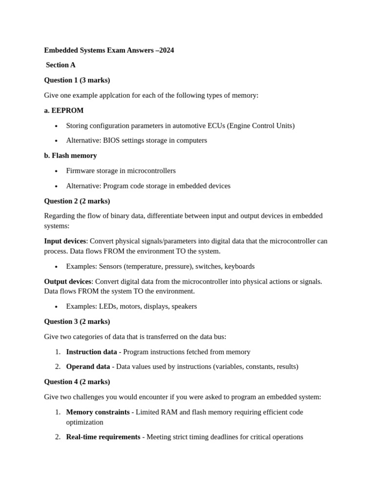 Embedded Systems Exam Answers | PDF | Microcontroller | Embedded System