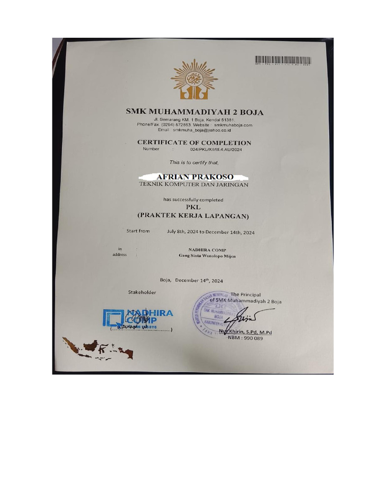 Sertifikat PKL Afrian - PNG | PDF