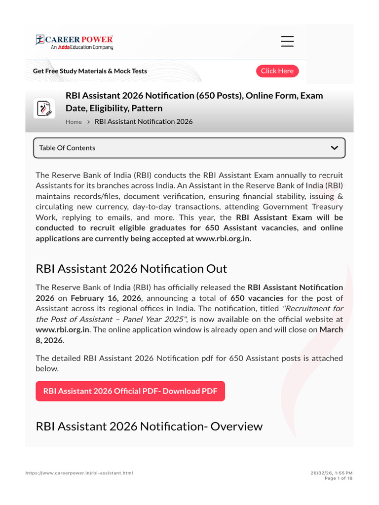 RBI Assistant 2026 Notification (650 Posts), Online Form, Exam Date ...