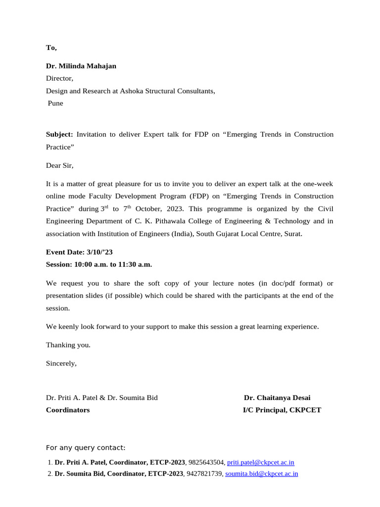 Invitation Letter FDP ETCP 2023 | PDF