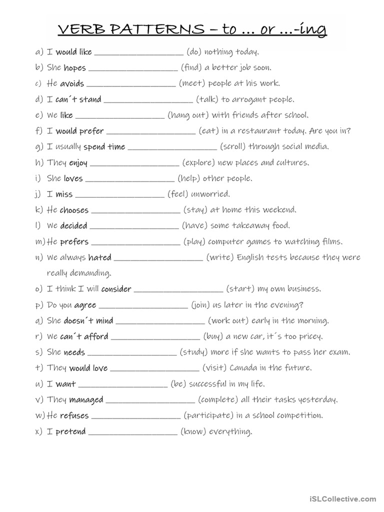 Verb Patterns - Ing or To | PDF