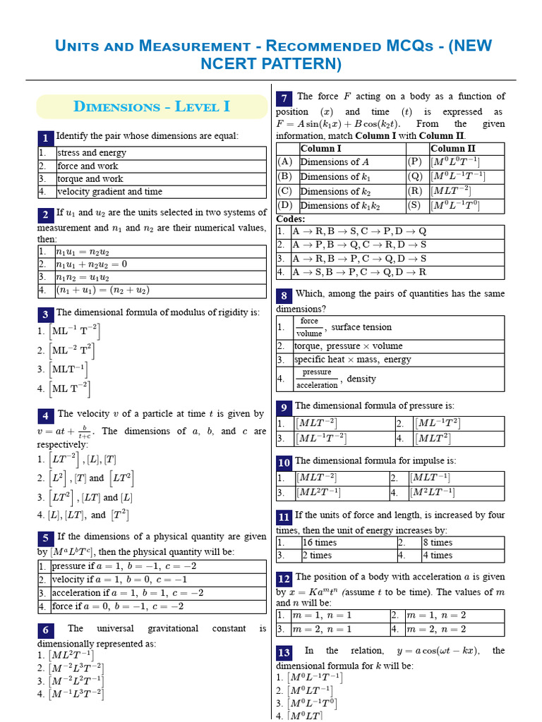 Units and Measurement - Recommended MCQs - (NEW NCERT PATTERN) | PDF ...