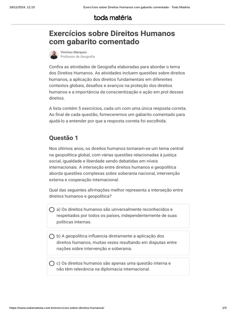 Exercícios Sobre Direitos Humanos Com Gabarito Comentado - Toda Matéria ...