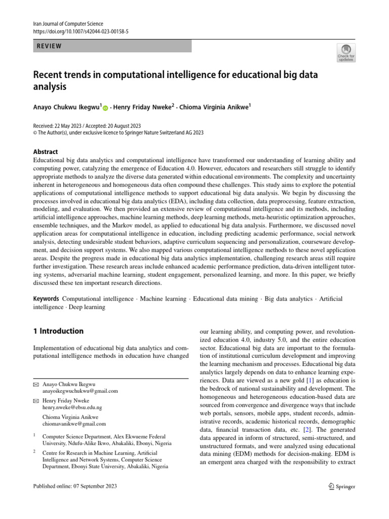 Recent Trends in Computational Intelligence For Educational Big Data ...