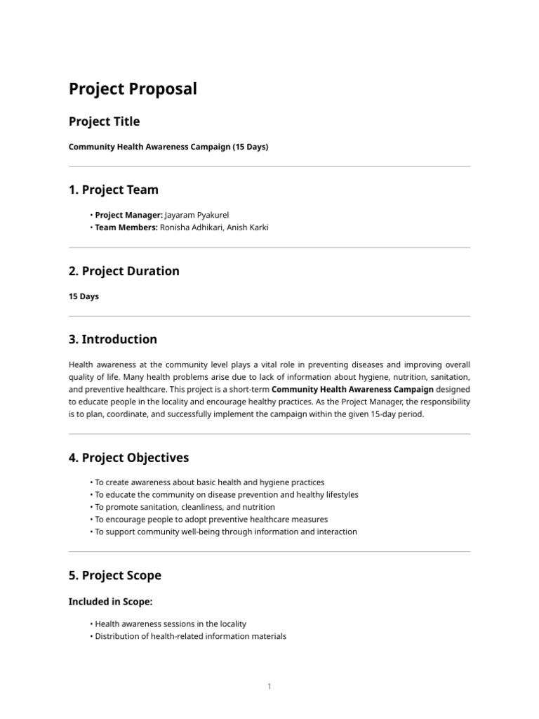 Project Proposal - Community Health Awareness Campaign (15 Days) | PDF ...