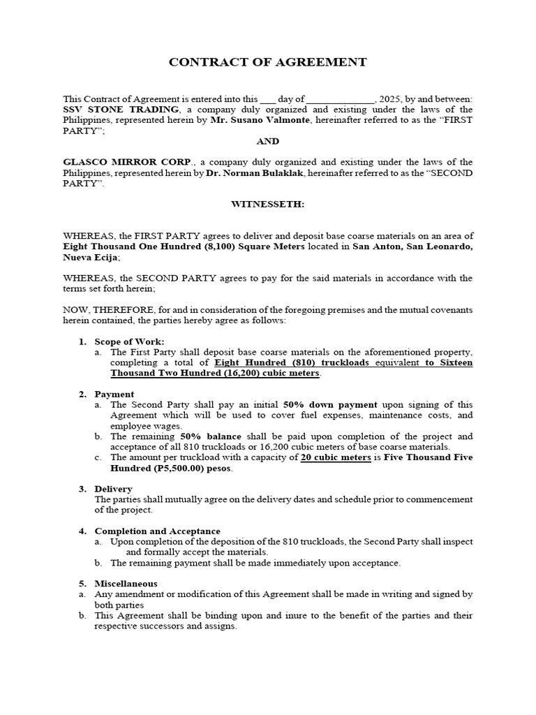 Contract of Agreement Glasco Mirror Corp | PDF | Business Law | Common Law