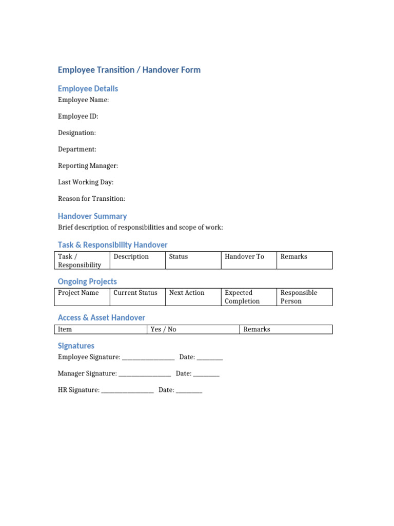 Employee Transition Handover Form | PDF