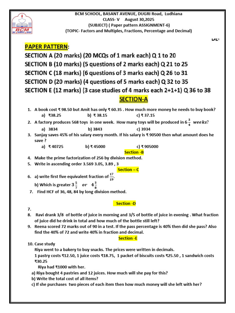 Paper Pattern Assignment - 6 of Class V, Maths | PDF