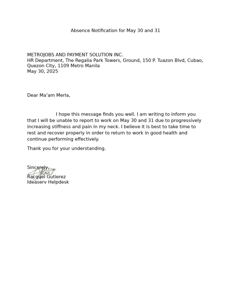Absence Notification For May 30 and 31 | PDF