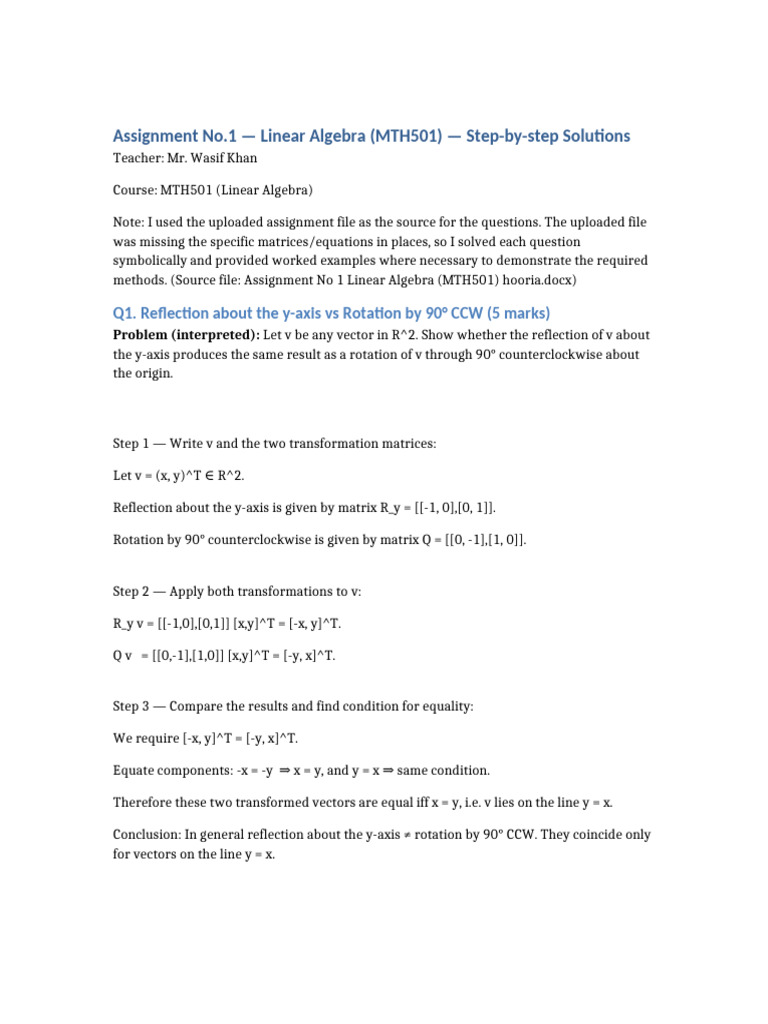 Assignment Solution Steps | PDF | Matrix (Mathematics) | Algebra