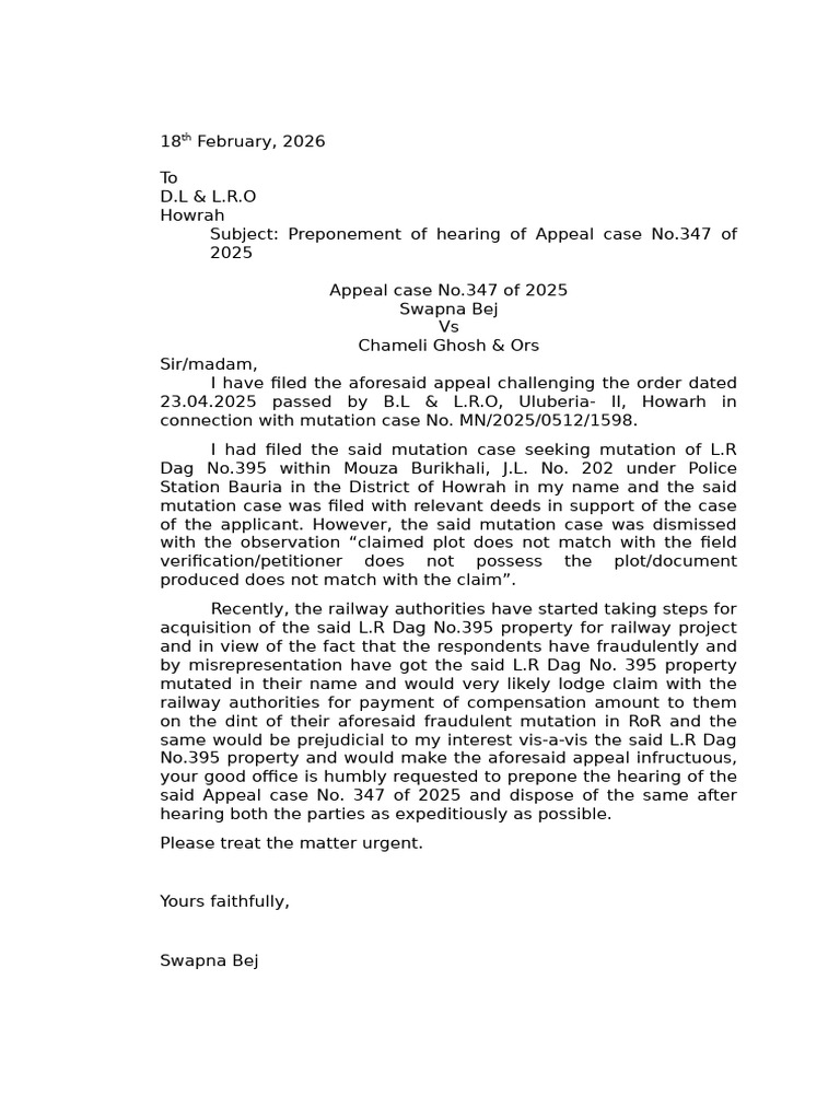 Letter To Dllro Swapna Bej DT 17.02.2026 | PDF