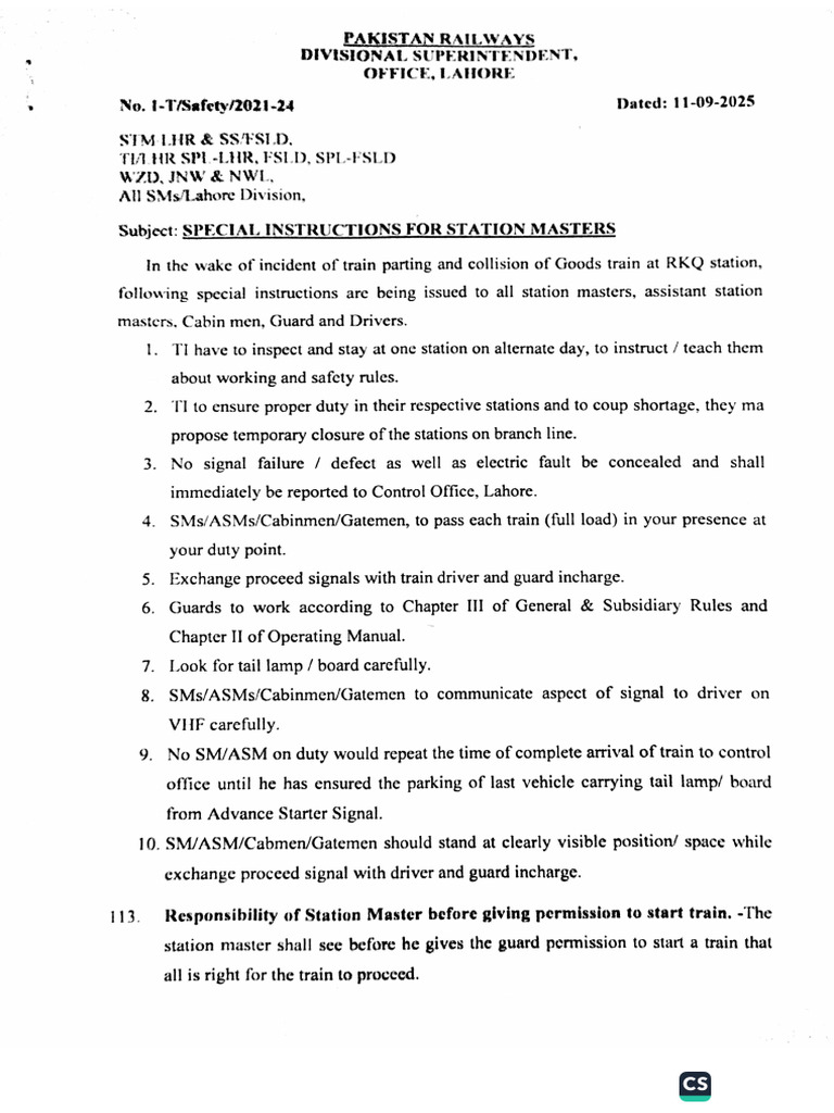 Special Instructions For Station Master | PDF