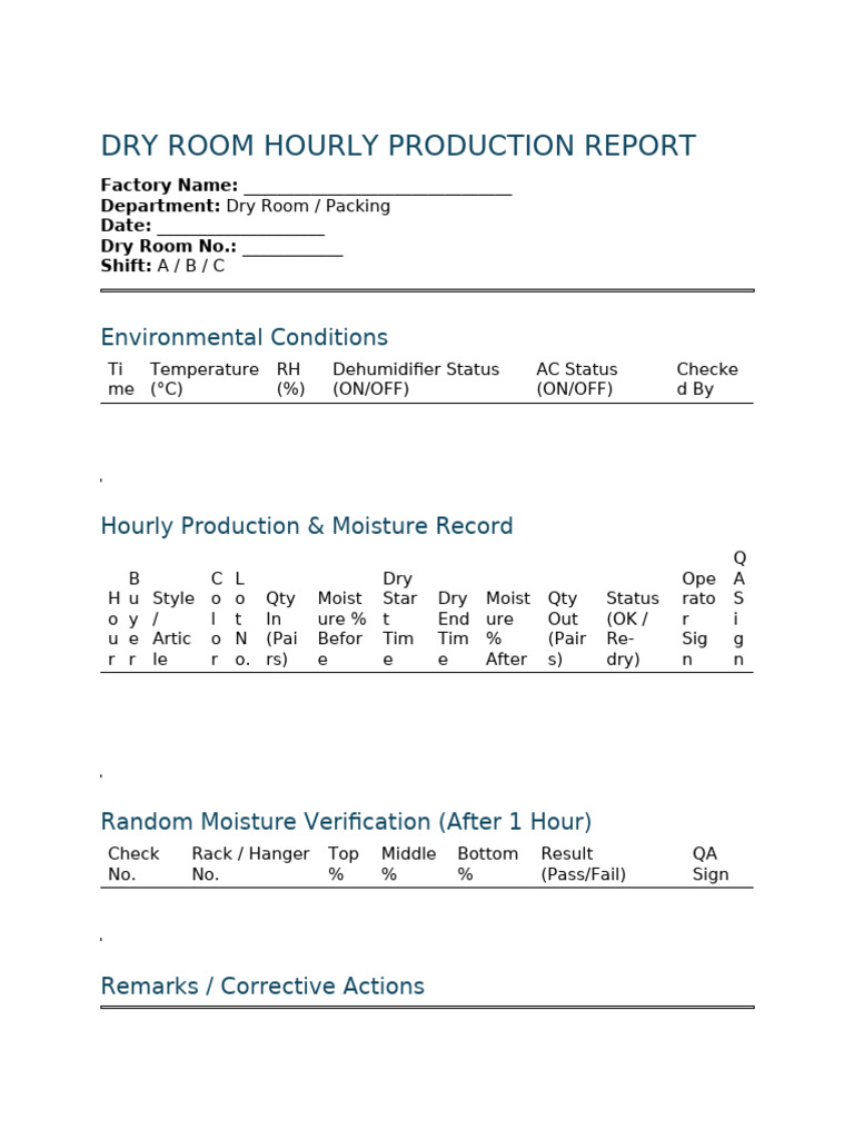 Dry Room Hourly Production Report | PDF