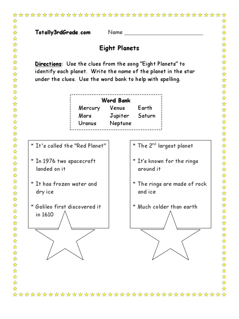 3rd Grade | Eight Planets Worksheet | Planets | Solar System