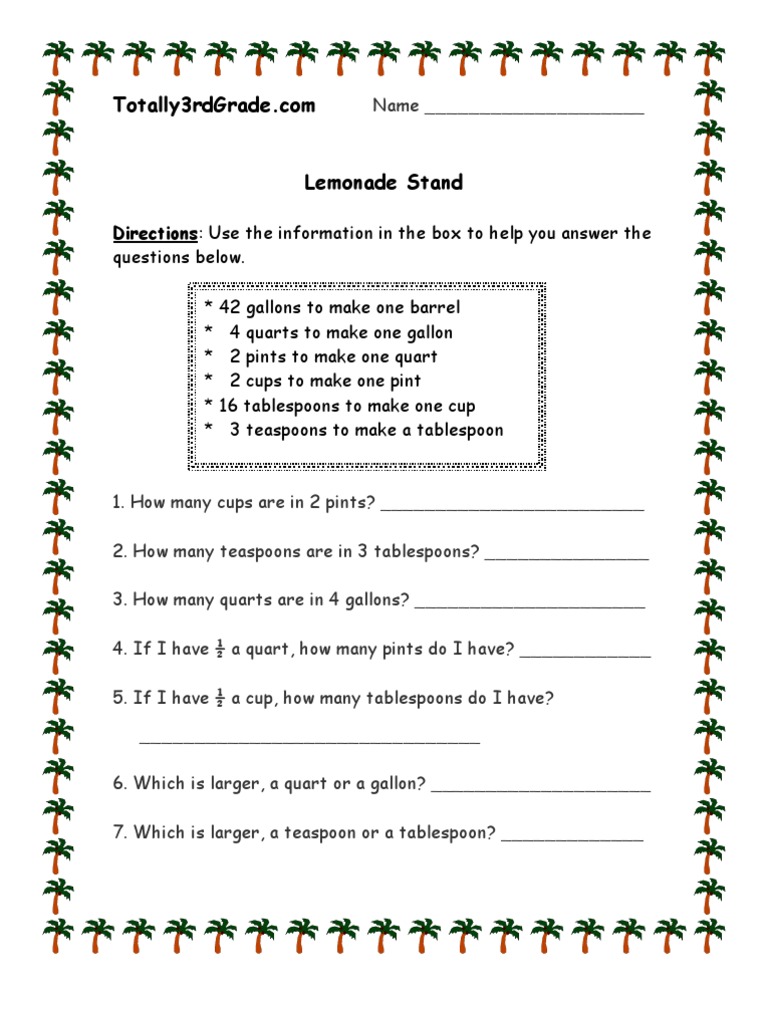 3rd Grade | Liquid Measurement Worksheet