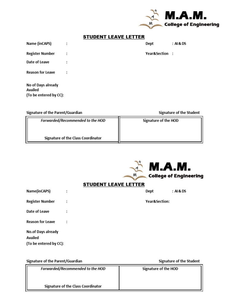 Leave Letter and OD Format For Students-NEW | PDF