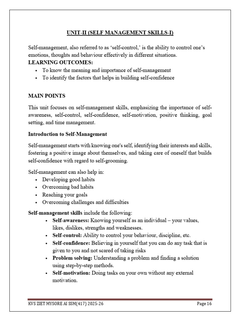Self MGMT Skills I Class IX | PDF | Self Control | Self-Management