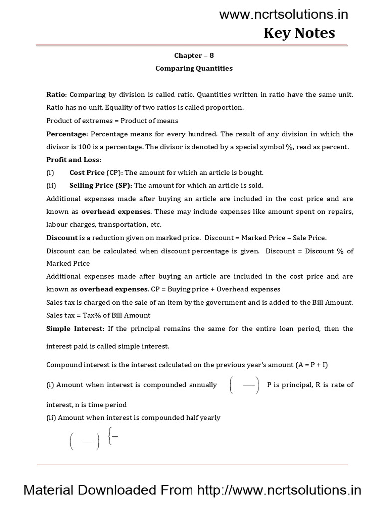08 Maths Key Notes CH 08 Comparing Quantities | PDF | Interest | Percentage