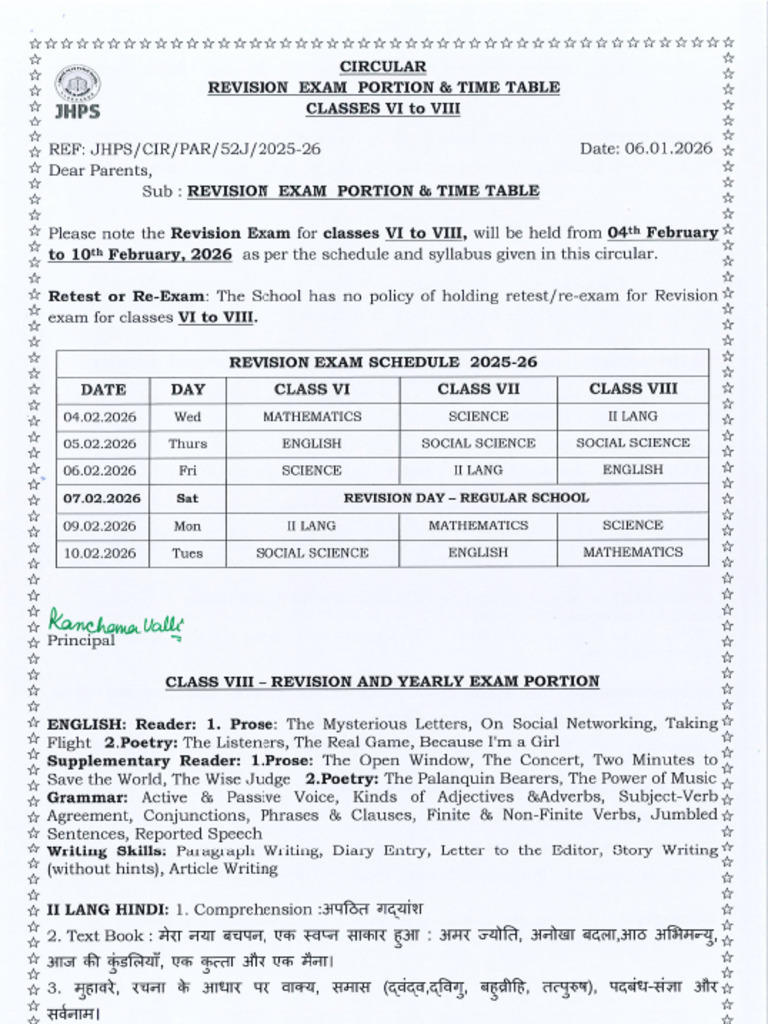 Cir. 52j - Class Viii - Revision Exam Portion & Timetable | PDF
