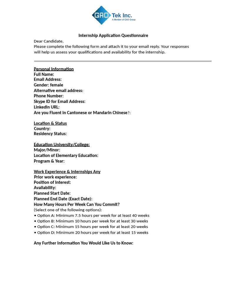 Internship - Questionnaire | PDF