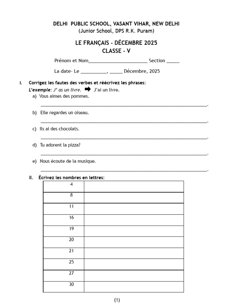 LA CLASSE V French Assignment DÉCEMBRE 2025 | PDF | Linguistique | Langues