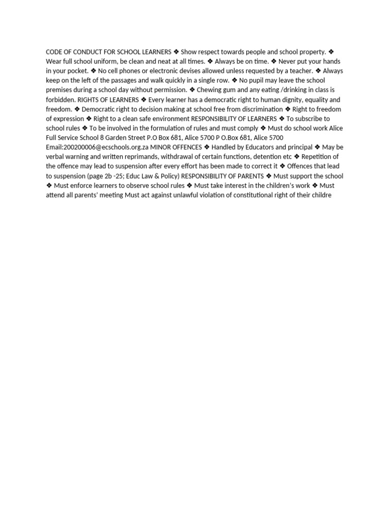 Code of Conduct For School Learners | PDF