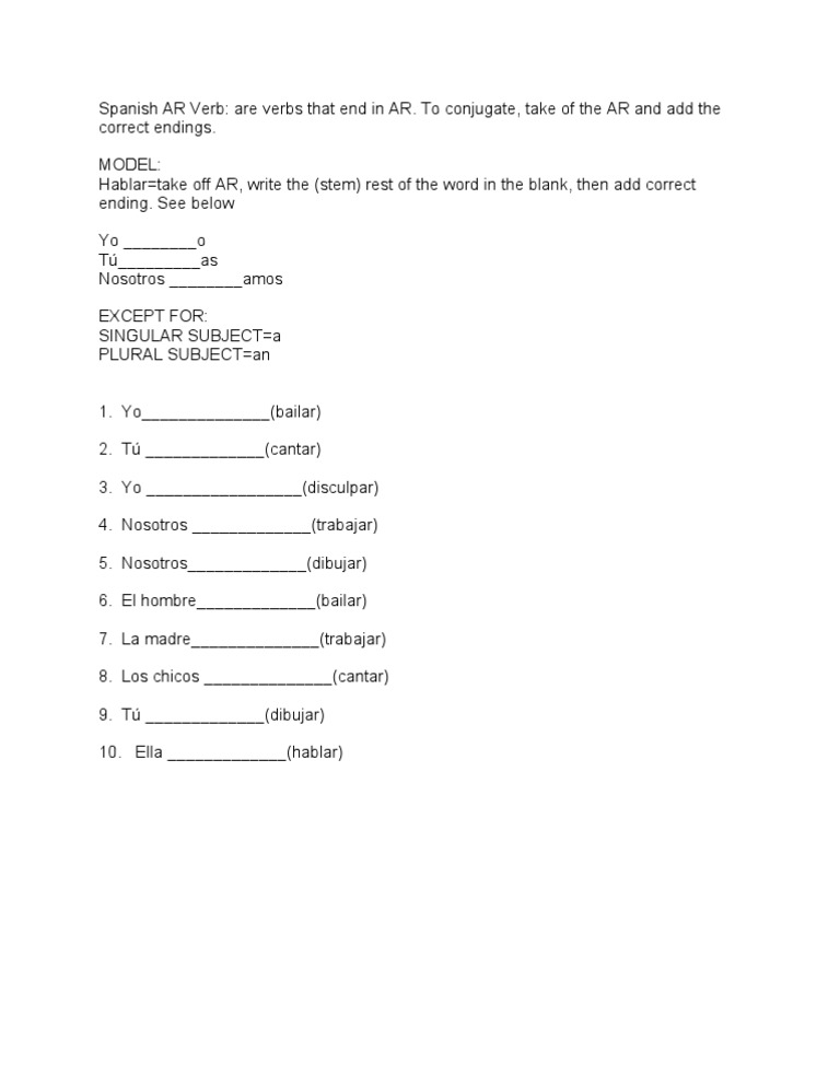 Ar Verbs Worksheet In Spanish Pdf