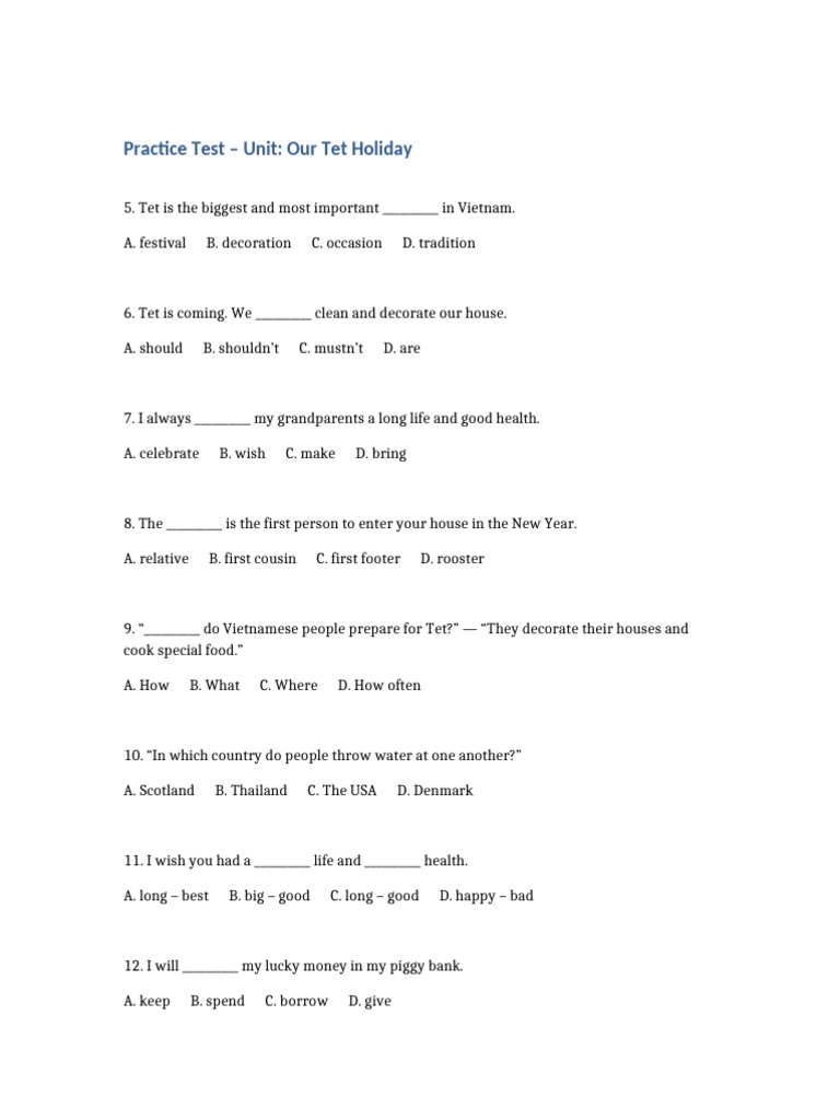 Practice Test Tet Multiple Choice | PDF | Seasonal Traditions