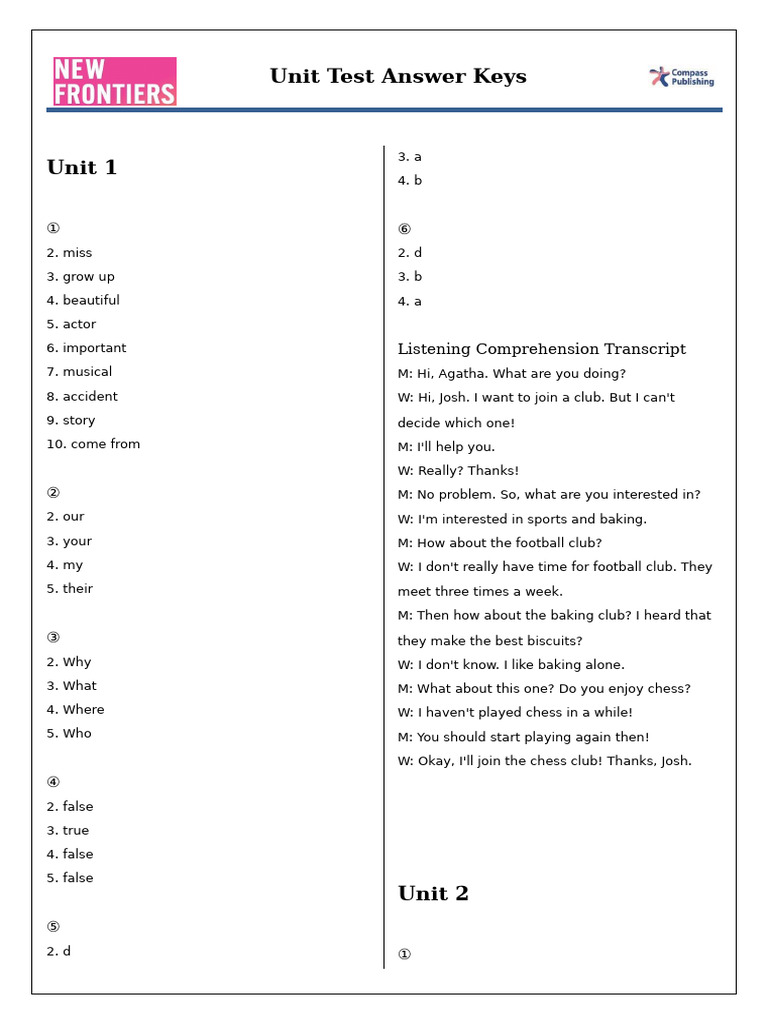 New Frontiers British English 2 Unit Test Answer Key | PDF