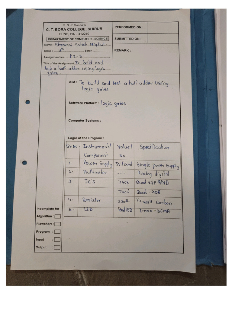 To Build and Test A Half Adder Using Logic Gates | PDF