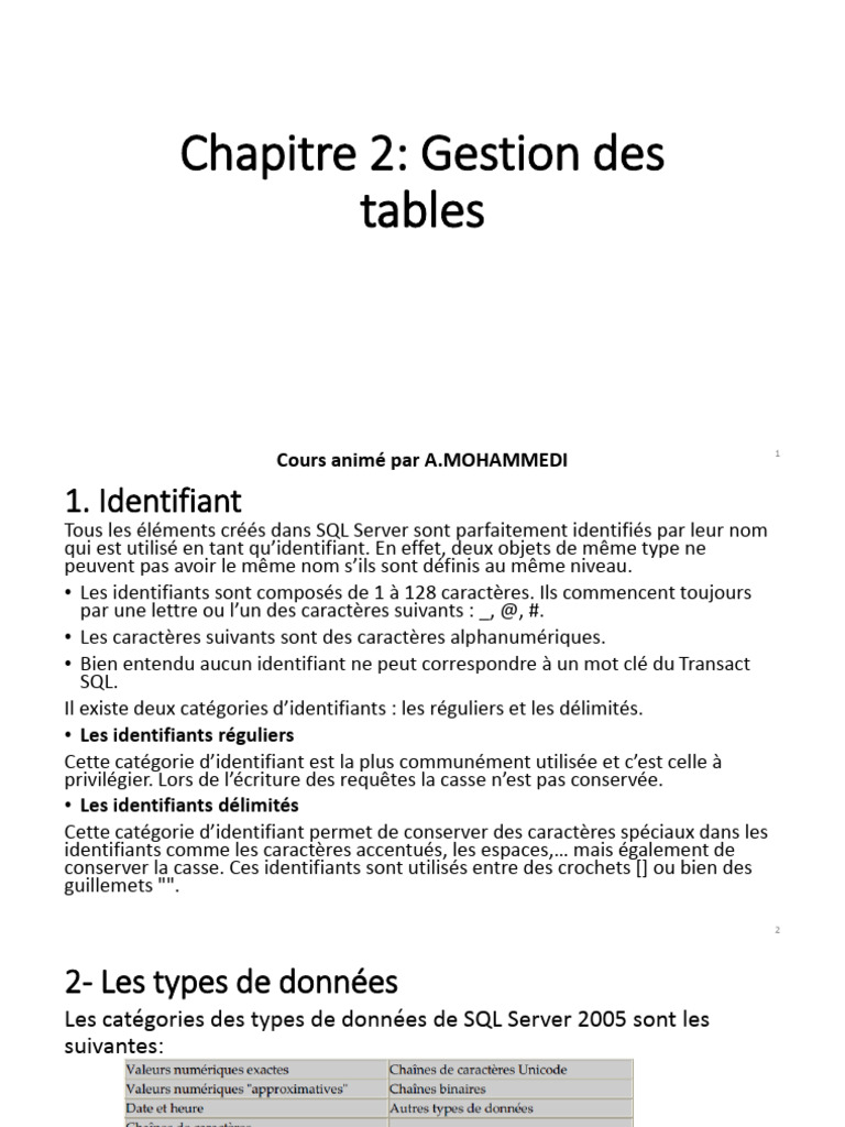 Chapitre2 - Gestion Des Table | PDF | Microsoft SQL Server | SQL