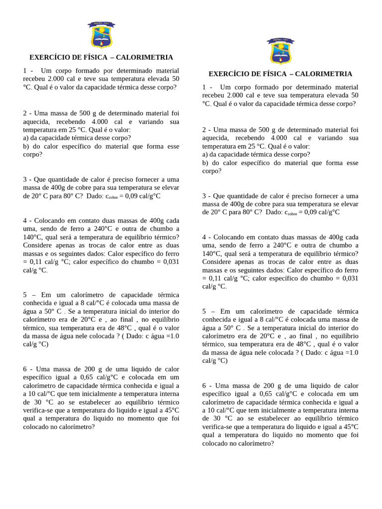 Exercício de Física - Calorimetria - Questões | PDF | Calorimetria | Calor