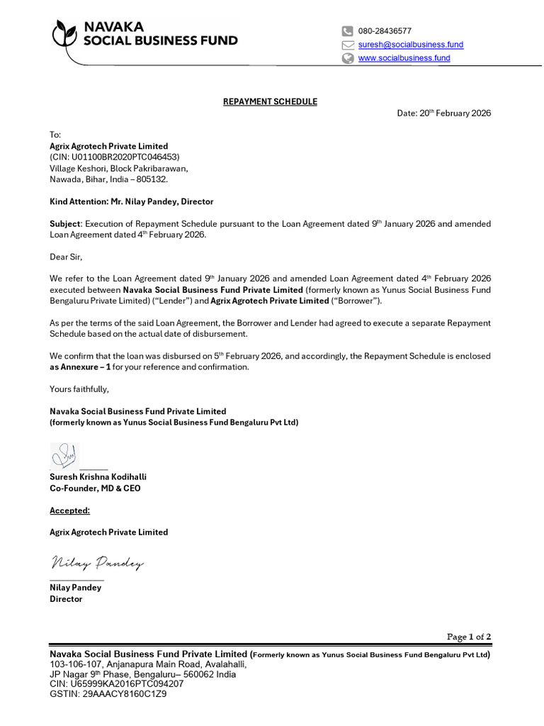 NSBF - AgriX Repayment Schedule - 20022026 | PDF | Loans | Interest
