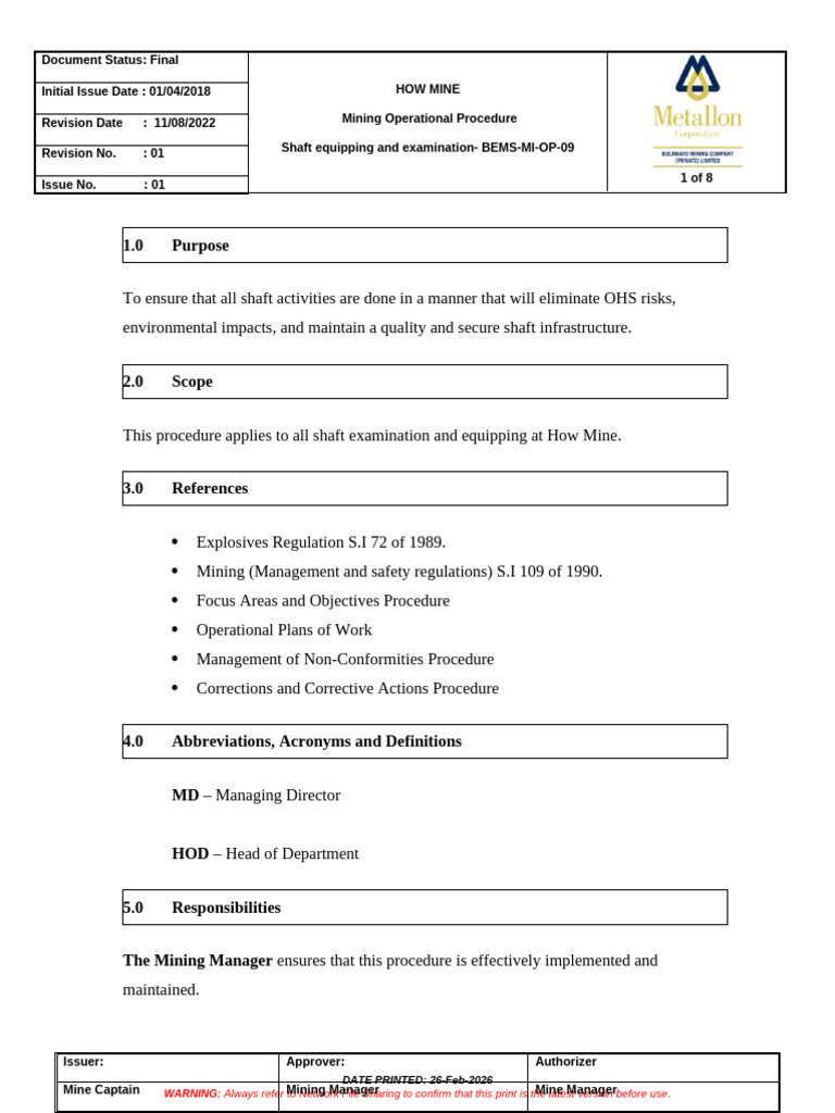 BEMS OP MI 09 Shaft Examination Procedure - 043250 | PDF | Mining