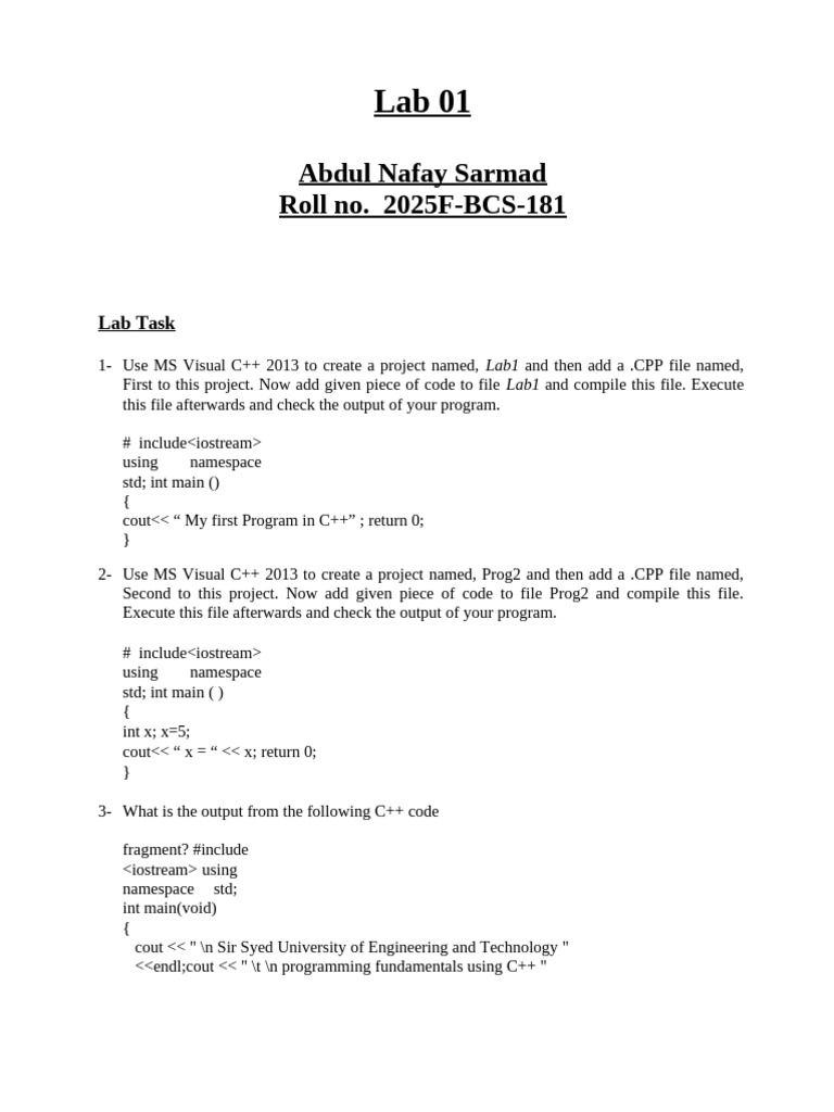 Lab 01 | PDF | Namespace | C++