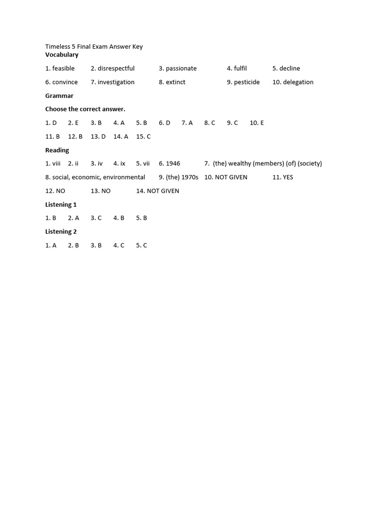 Timeless 5 Final Exam Answer Key | PDF | Linguistics