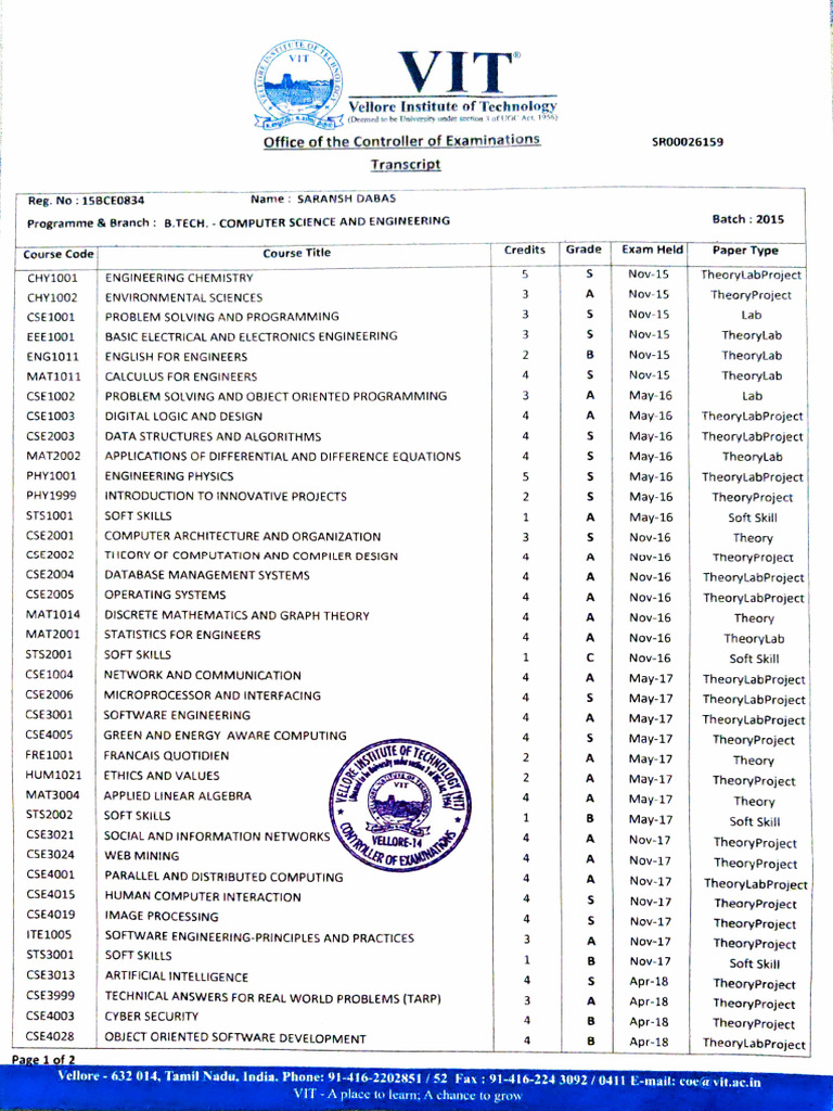 VIT University - Transcript and Diploma | PDF | Computing | Mathematics