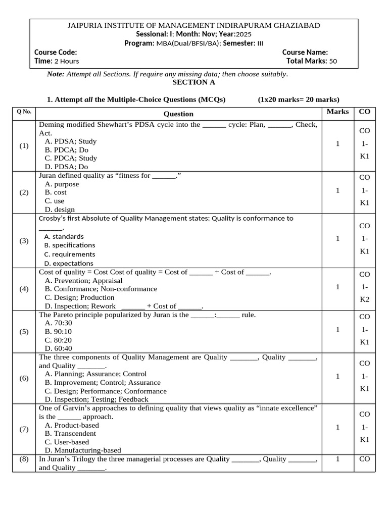 Question Paper Format - III - QM (20024-26) - 1 | PDF | Accuracy And ...