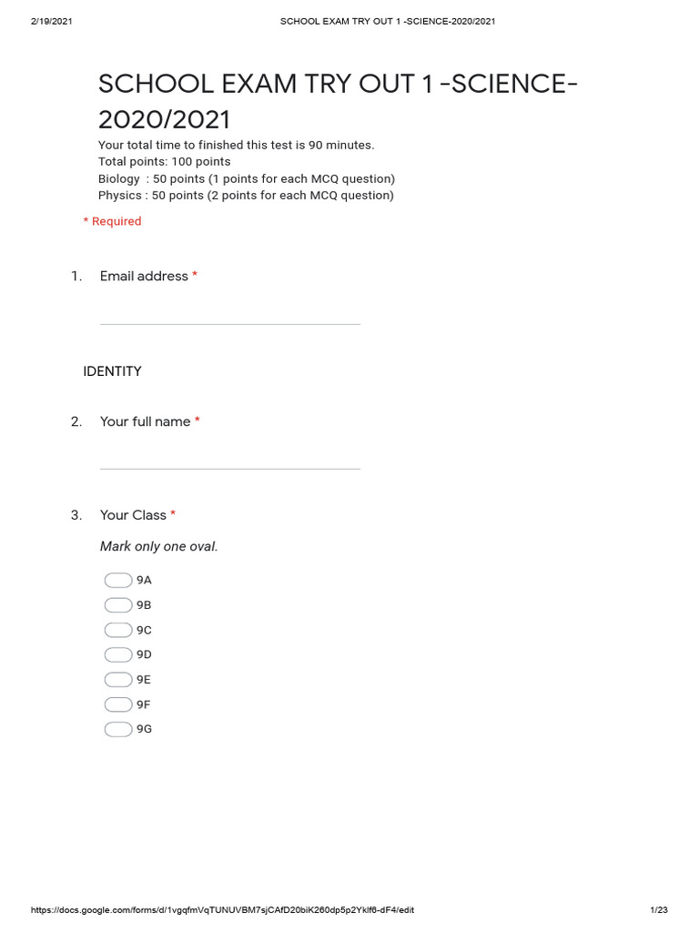 School Exam Try Out 1 - Science-2020 - 2021 - Google Forms | PDF ...