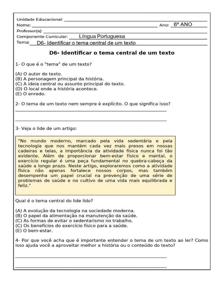 6º - Identificar o Tema Central de Um Texto | PDF
