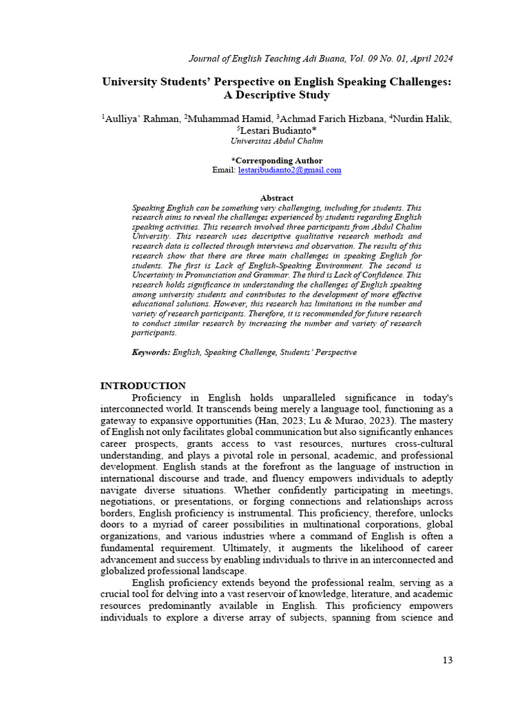 University Students Perspective On English Speaki | PDF | Methodology ...