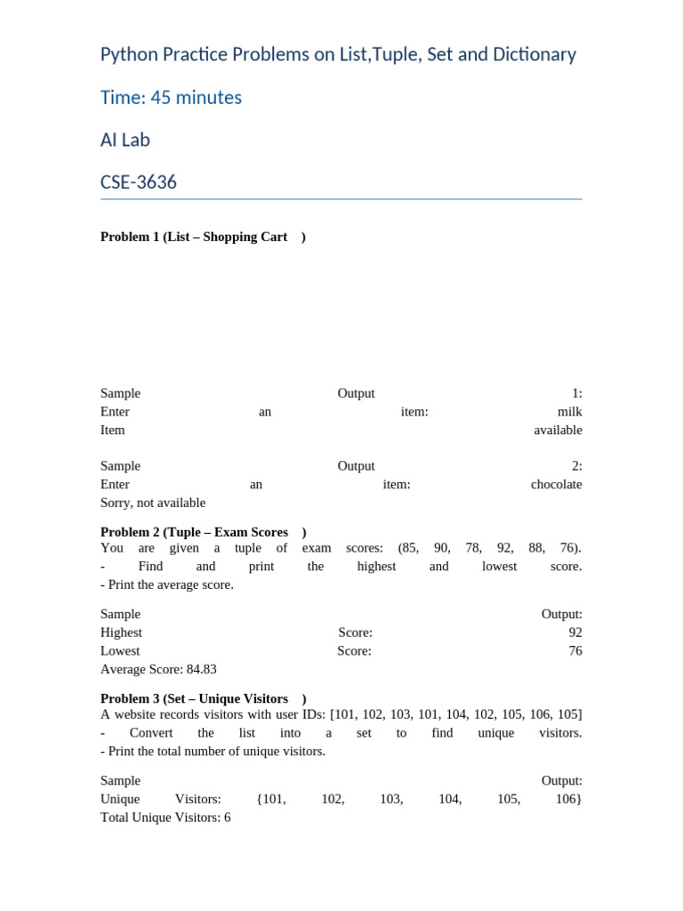 Python Ptactice Set Tuple Dic List Problems | PDF