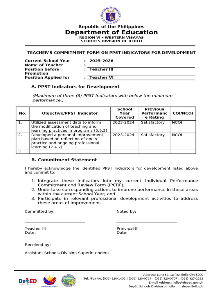 Teachers Commitment Form Annex A To DO 034 S 2025 | PDF | Teachers